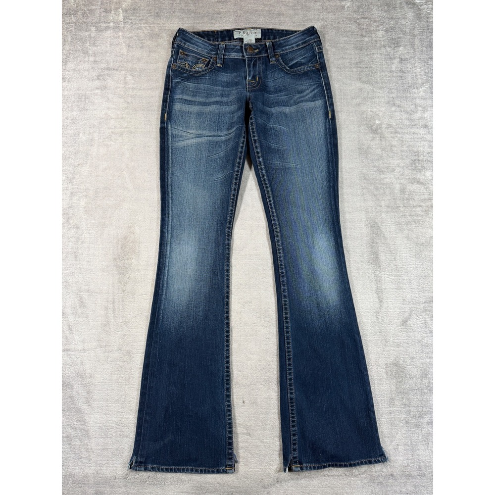 PRVCY Jeans Womens 26 Blue Dark Wash Premium Flare Low Rise Side Slit Y2K Boho